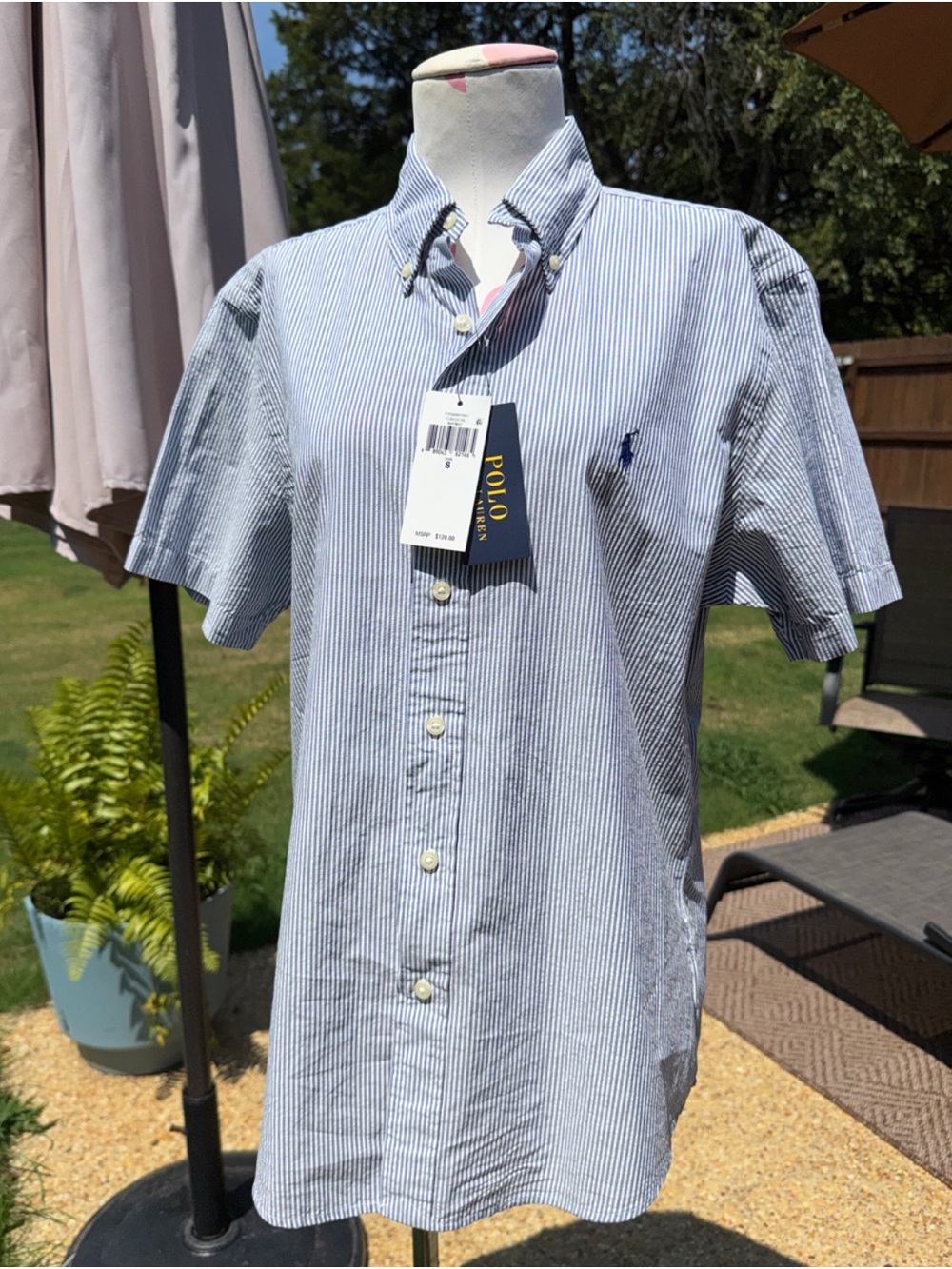 NWT!  Polo by Ralph Lauren Blue and White Striped Short-Sleeve Button-Down Shirt